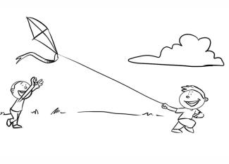 Dibujo para imprimir y colorear de niños volando una cometa