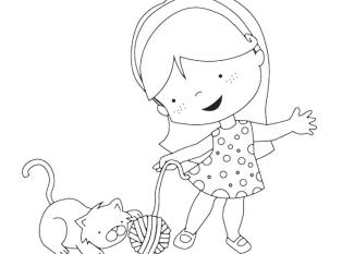 Dibujo para imprimir y colorear de una niña con gato