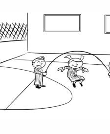 Dibujo para colorear de niños jugando en el patio del colegio