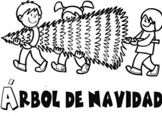 Imagen de niños llevando árbol de Navidad para pintar