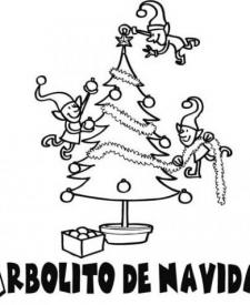 Dibujo de duendes decorando árbol de Navidad