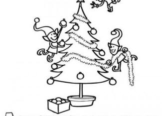 Dibujo de duendes decorando árbol de Navidad