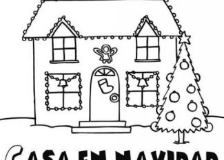 Dibujos de una casa adornada en Navidad para colorear