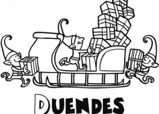Duendes cargando el trineo con regalos. Dibujos de Navidad
