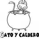 Dibujo de Halloween. Gato y caldero para colorear