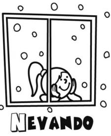 Dibujo de niña mirando la nieve por la ventana en Navidad