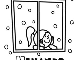 Dibujo de niña mirando la nieve por la ventana en Navidad