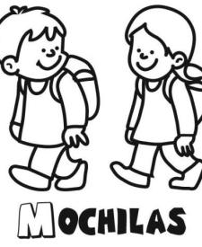 Dibujo para colorear de niños con mochilas yendo al colegio