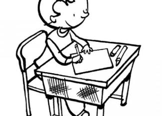 Dibujo para colorear con los niños de un alumno en su pupitre escolar