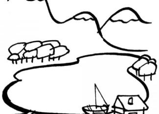 Dibujo para colorear de paisajes con lago para niños