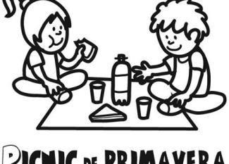 Dibujo gratis para colorear de niños de picnic en primavera