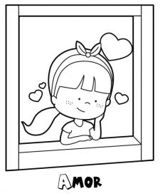 Dibujo de una niña enamorada mirando por la ventana para colorear