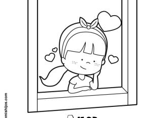 Dibujo de una niña enamorada mirando por la ventana para colorear