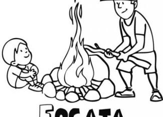 Dibujo infantil para colorear con una fogata. Dibujos de campo