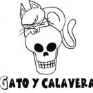 Dibujo infantil de gato y calavera para pintar