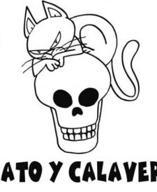 Dibujo infantil de gato y calavera para pintar