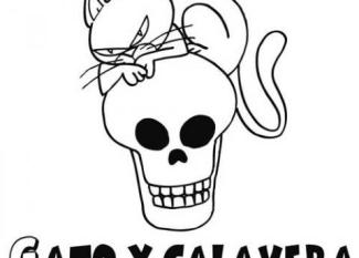 Dibujo infantil de gato y calavera para pintar