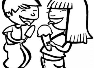 Niños comiendo helados. Dibujo infantil para colorear