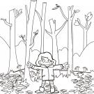 Dibujo para colorear con los niños de una niña en el bosque en otoño