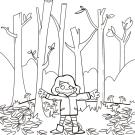 Dibujo para colorear con los niños de una niña en el bosque en otoño