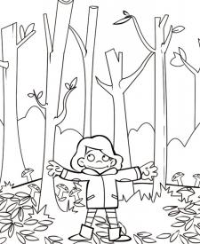 Dibujo para colorear con los niños de una niña en el bosque en otoño