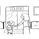 Dibujo para colorear de una niña entrando al colegio con su madre