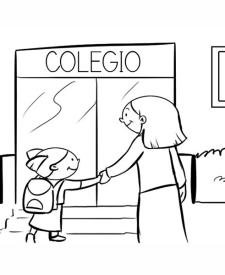 Dibujo para colorear de una niña entrando al colegio con su madre