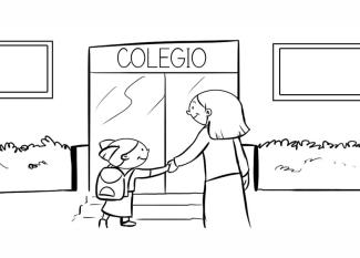 Dibujo para colorear de una niña entrando al colegio con su madre