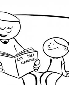 Dibujo para colorear de un papá leyendo un cuento a una niña
