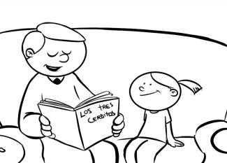 Dibujo para colorear de un papá leyendo un cuento a una niña