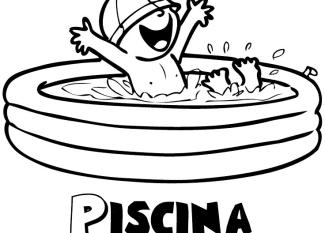 Dibujo para pintar de un niño bañándose en la piscina en verano