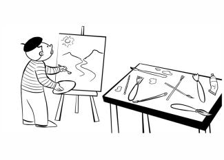 Pintor trabajando en sus cuadros. Dibujos infantiles