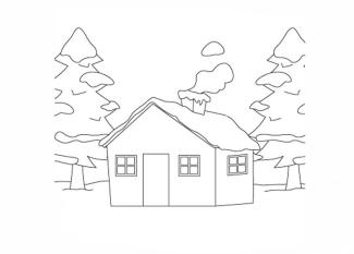 Cabaña nevada para que los niños pinten. Dibujos de casas