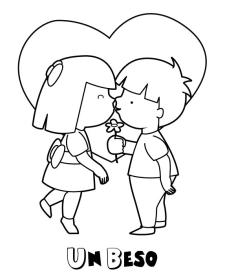 Beso entre niños. Dibujos infantiles para colorear