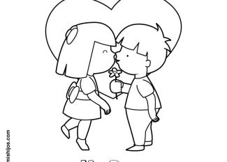 Beso entre niños. Dibujos infantiles para colorear