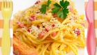 Espaguetis a la carbonara. Receta de pasta para niños