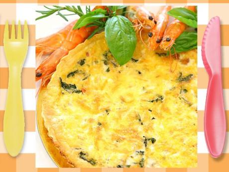 Tarta de berenjenas con jamón y gambas. Recetas de quiches