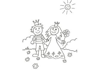 Dibujo para pintar con niños de un príncipe y una princesa