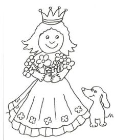 Dibujo de una princesa y su mascota para pintar con niños