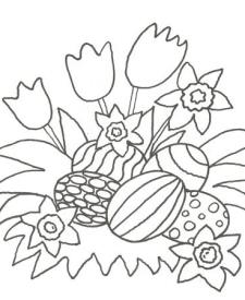 Dibujo de flores y huevos de Pascua para colorear con niños