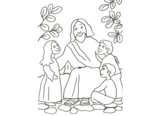 Dibujo infantil de Jesús con los niños para colorear