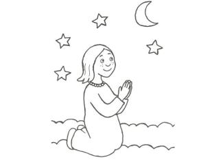 Dibujo infantil de una niña rezando para colorear