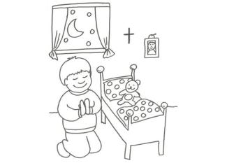 Dibujo infantil de un niño rezando para colorear