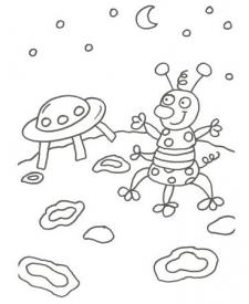 Dibujo de un marciano y su nave espacial para pintar con niños