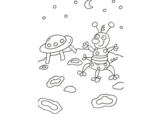 Dibujo de un marciano y su nave espacial para pintar con niños