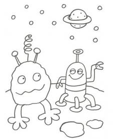 Dibujo para pintar de dos extraterrestres en el espacio