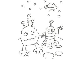 Dibujo para pintar de dos extraterrestres en el espacio