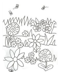 Dibujo de flores y abejas para colorear con niños