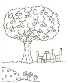 Dibujo de un árbol con cerezas para que los niños pinten