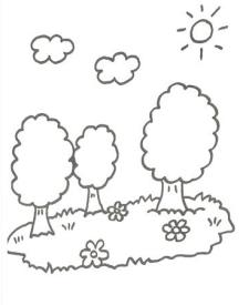 Dibujo de un árbol y flores del campo para que pinten los niños